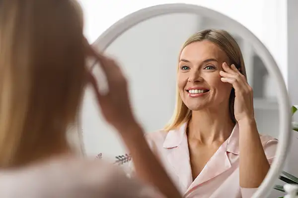 Image of a blonde woman smiling and looking in the mirror.