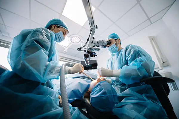 Two dental surgeons using a microscope while performing full mouth reconstruction at Lakewood Dental Arts in Lakewood, CA